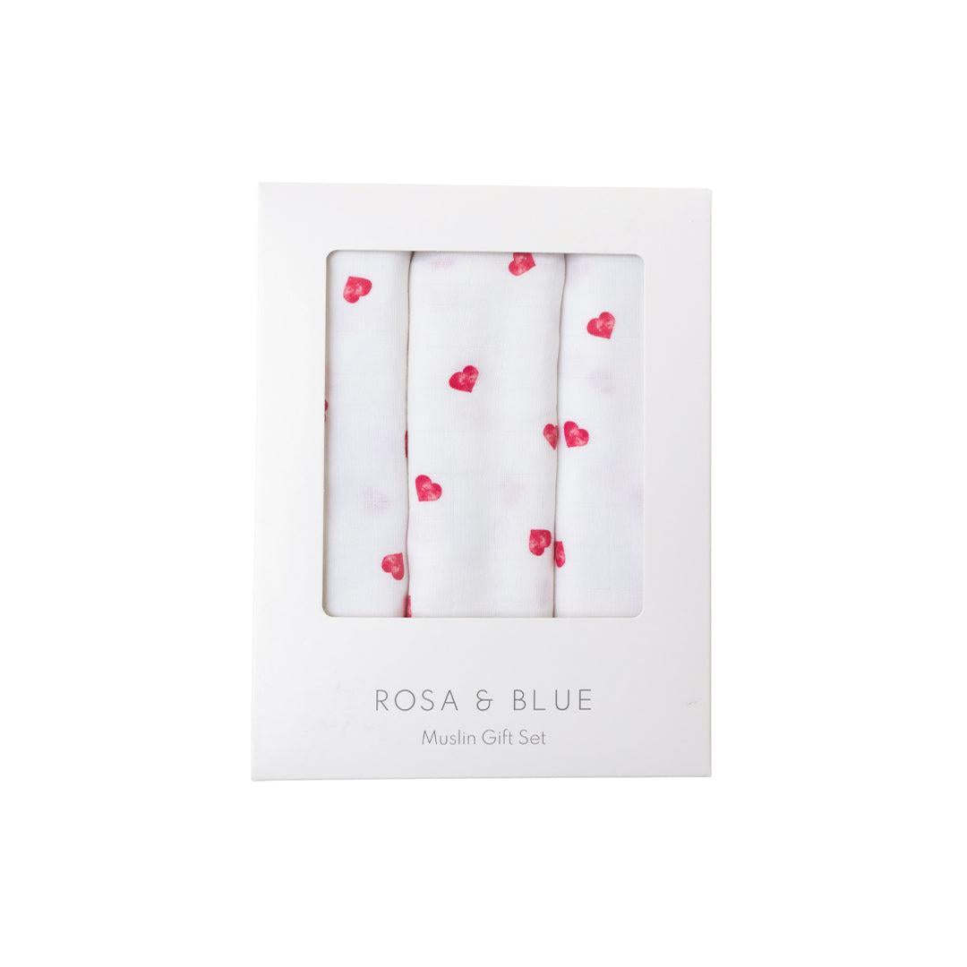 Rosa & Blue Muslin Squares - Heart - 3 Pack-Muslin Squares-Heart- | Natural Baby Shower