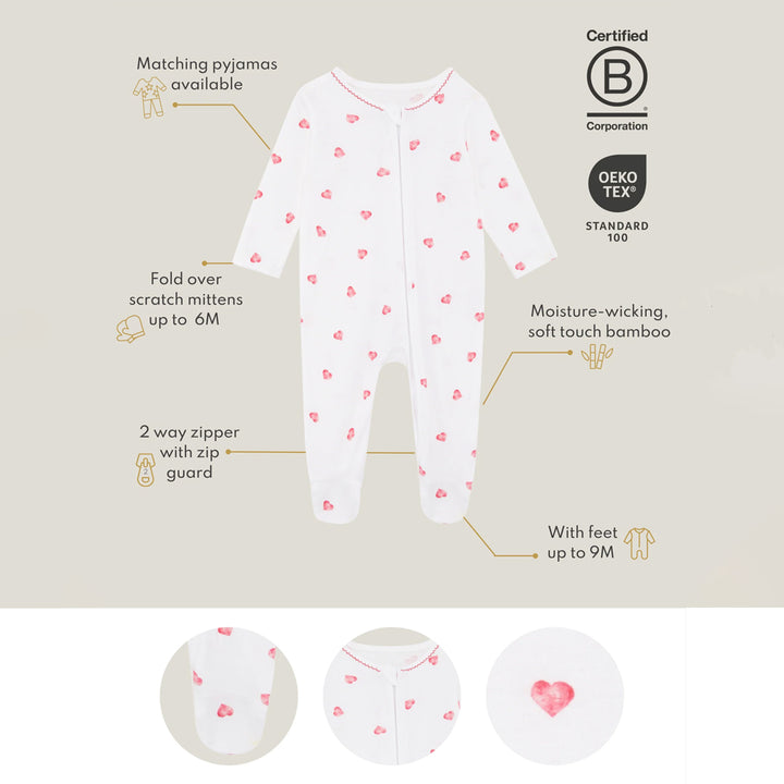 Rosa & Blue Sleepsuit Picot Edge - Pink Heart-Sleepsuits-Pink Heart-0-3m | Natural Baby Shower