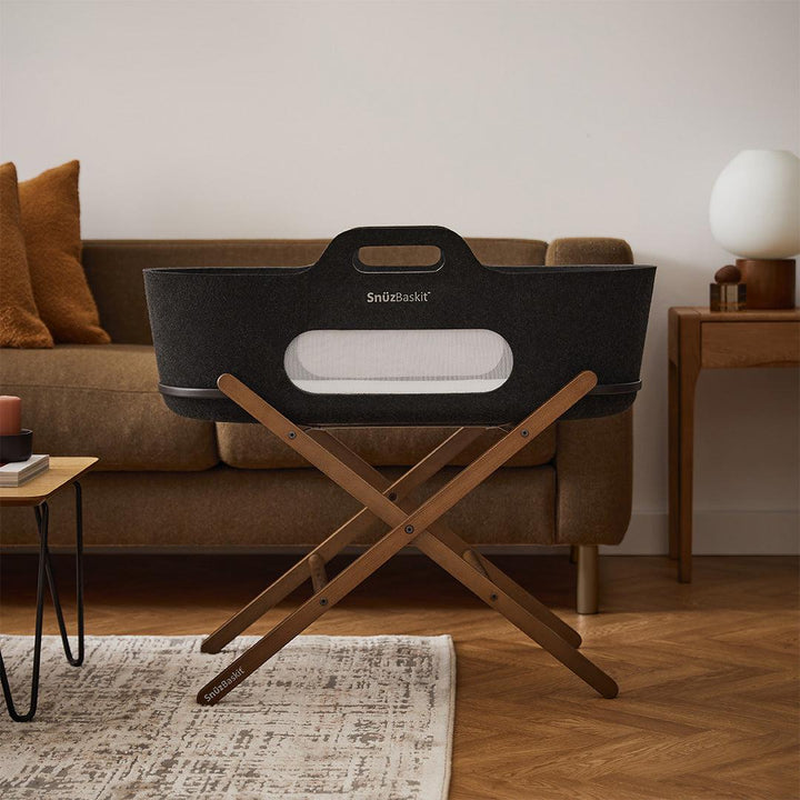 SnuzBaskit Graphite Moses Basket + Walnut Stand - Graphite / Walnut-Moses Baskets-Graphite / Walnut- | Natural Baby Shower
