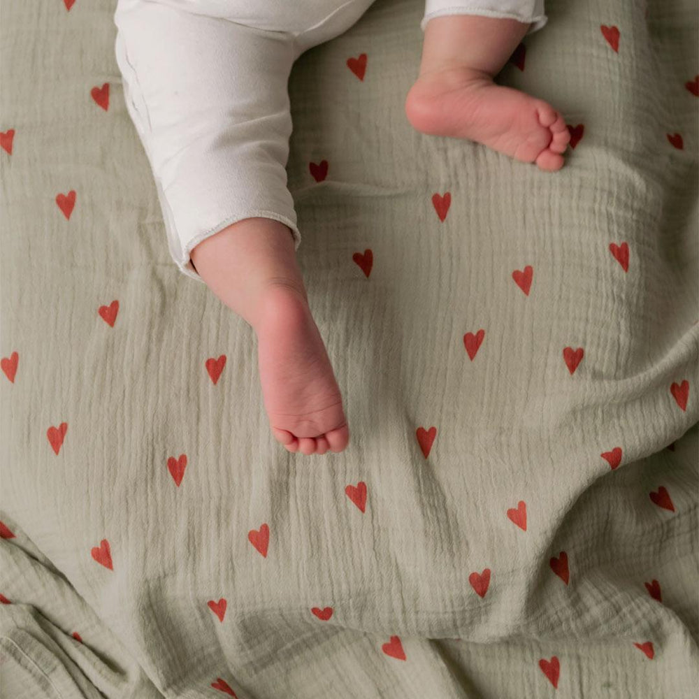 Studio Noos Sage Hearts Swaddle 70x70 - Sage-Swaddling Wraps-Sage-70x70 | Natural Baby Shower