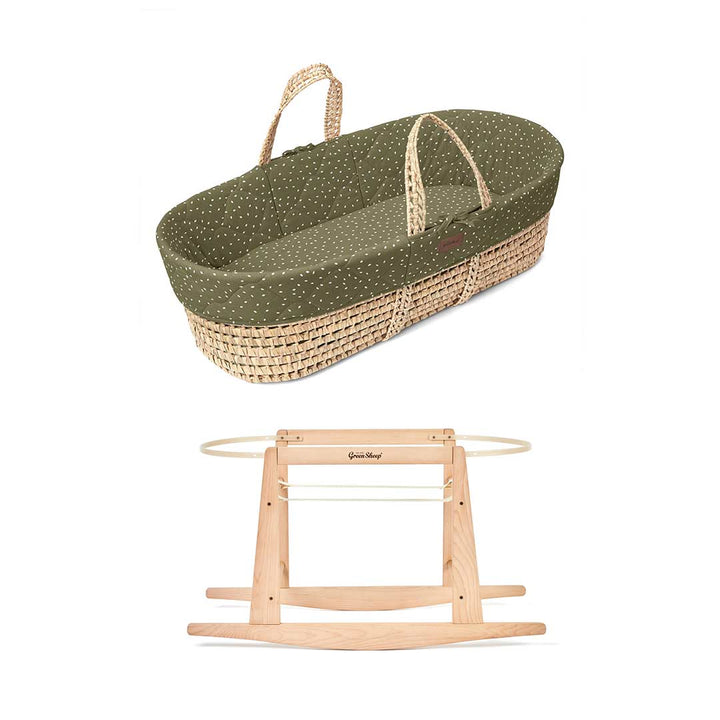 The Little Green Sheep Natural Quilted Moses Basket + Mattress - Juniper Rice Print-Moses Baskets-Juniper Rice Print-With Rocking Stand | Natural Baby Shower