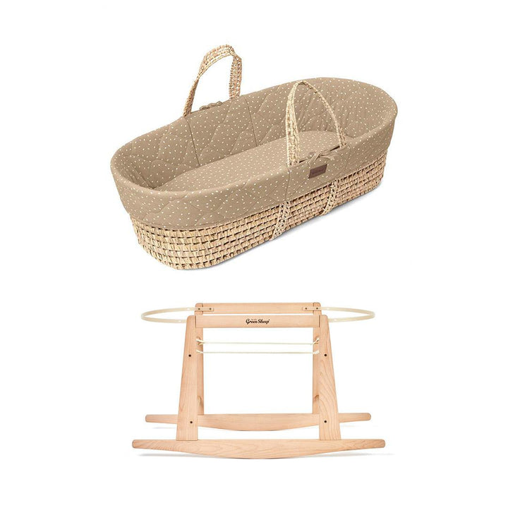 The Little Green Sheep Natural Quilted Moses Basket + Mattress - Truffle Rice Print-Moses Baskets-Truffle Rice Print-With Rocking Stand | Natural Baby Shower