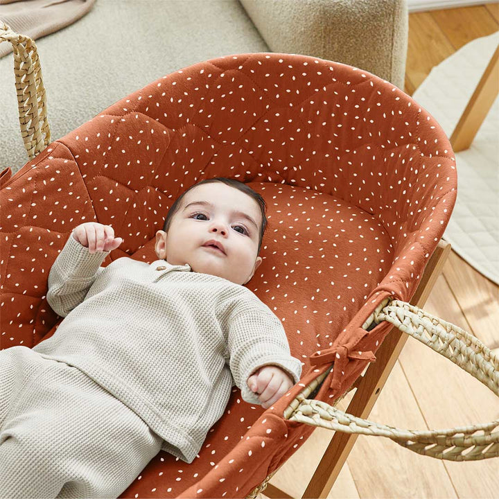 The Little Green Sheep Natural Quilted Moses Basket - Mattress + Static Stand - Terracotta Rice Print-Moses Baskets-Terracotta Rice Print- | Natural Baby Shower
