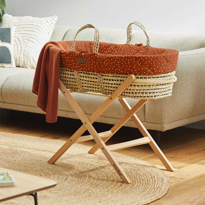 The Little Green Sheep Natural Quilted Moses Basket - Mattress + Static Stand - Terracotta Rice Print-Moses Baskets-Terracotta Rice Print- | Natural Baby Shower
