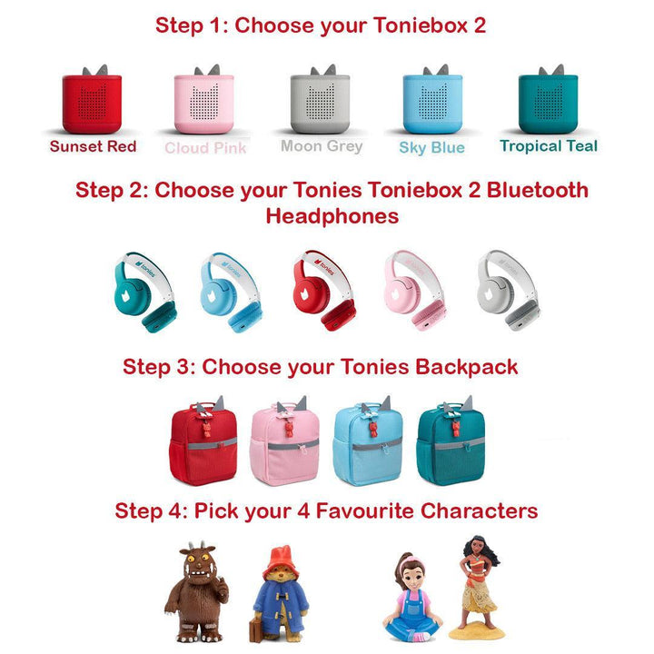 Tonies Toniebox 2 Build Your Own Bundle | 4 Tonies + Creative + Headphones + Backpack-Audio Players- | Natural Baby Shower