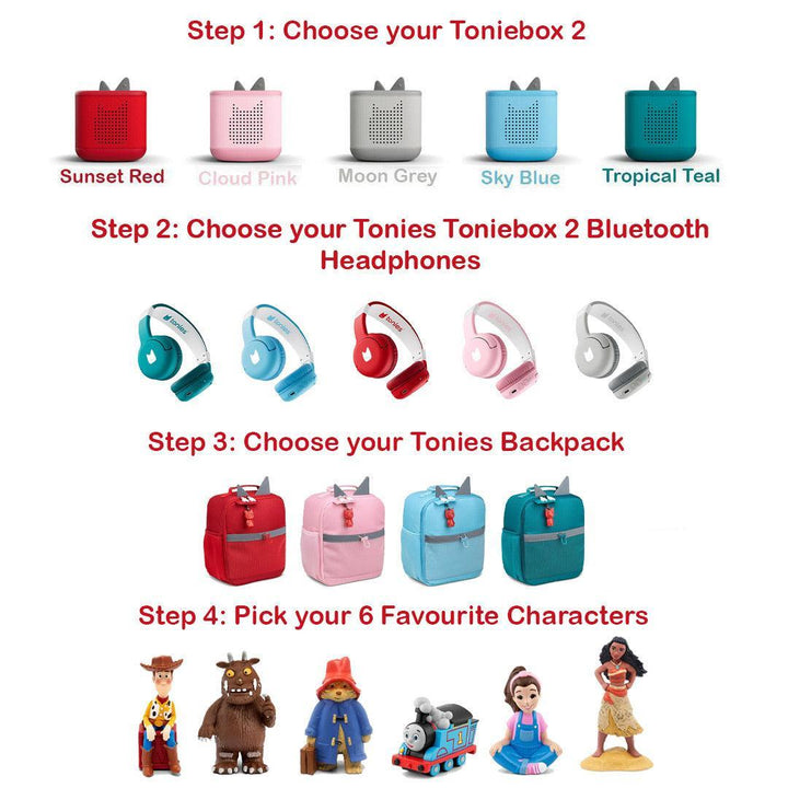 Tonies Toniebox 2 Build Your Own Bundle | 6 Tonies + Creative + Headphones + Backpack-Audio Players- | Natural Baby Shower