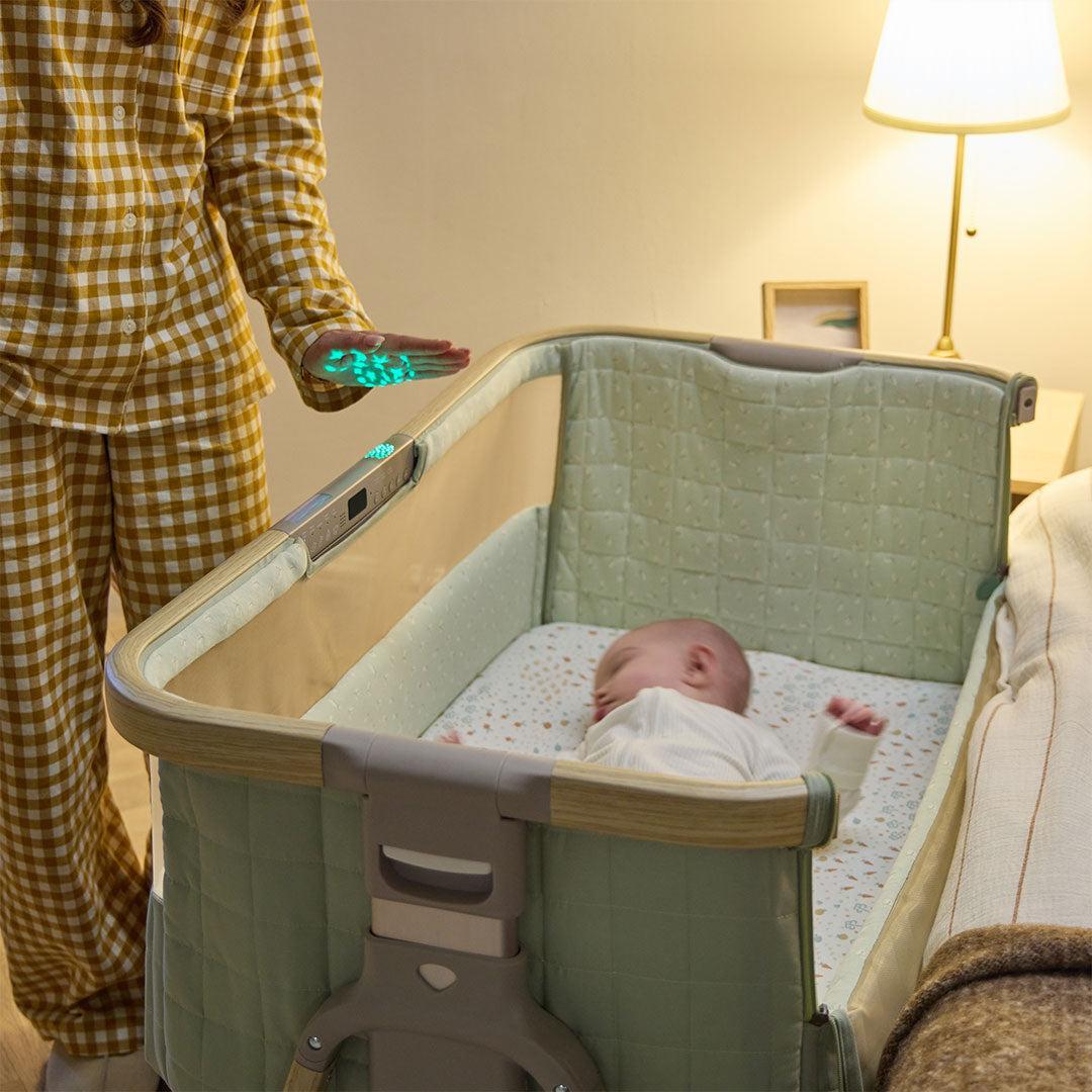 Katie　BABY-SITS! Tutti Bambini Cozee Sense Bedside Crib - Drifted Oak / Eucalyptus
