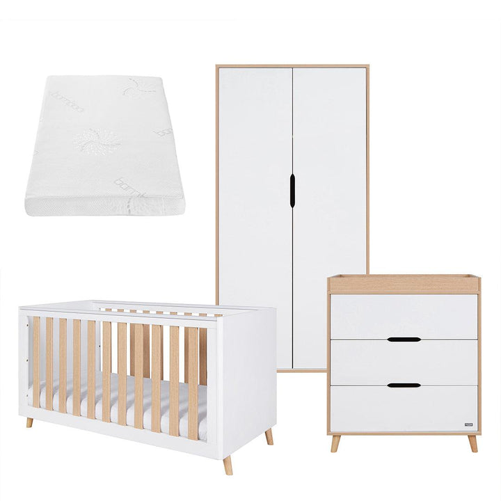 Tutti Bambini Fika 3 Piece Room Set - White/Light Oak-Nursery Sets-White/Light Oak-Tutti Bambini Natural Coir Fibre Cot Bed Mattress  | Natural Baby Shower