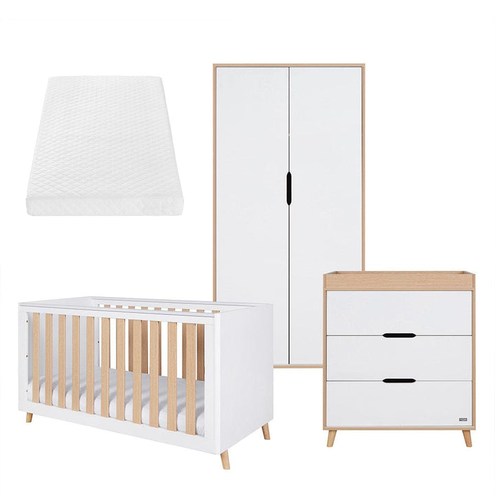 Tutti Bambini Fika 3 Piece Room Set - White/Light Oak-Nursery Sets-White/Light Oak-Tutti Bambini Sprung Cot Bed Mattress  | Natural Baby Shower