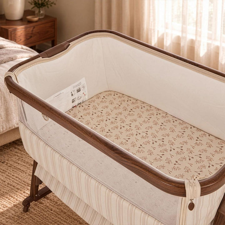 Tutti Bambini Origin CoZee OG Bedside Crib - Rich Walnut & Cashmere Vintage Stripe-Bedside Cribs-Rich Walnut & Cashmere Vintage Stripe- | Natural Baby Shower