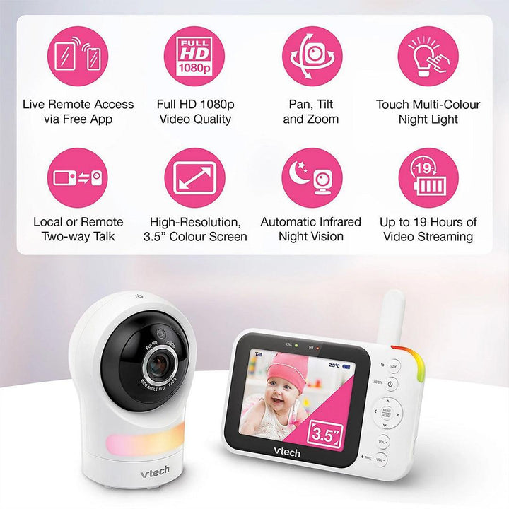 VTech RM4761 3.5 Inch Smart Wi-Fi Pan & Tilt Monitor - White-Baby Monitors-White-One Size | Natural Baby Shower