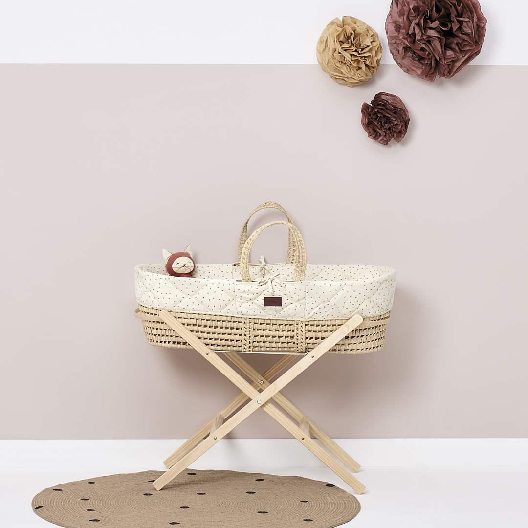 The Little Green Sheep Natural Quilted Moses Basket + Mattress - Linen Rice-Moses Baskets- | Natural Baby Shower