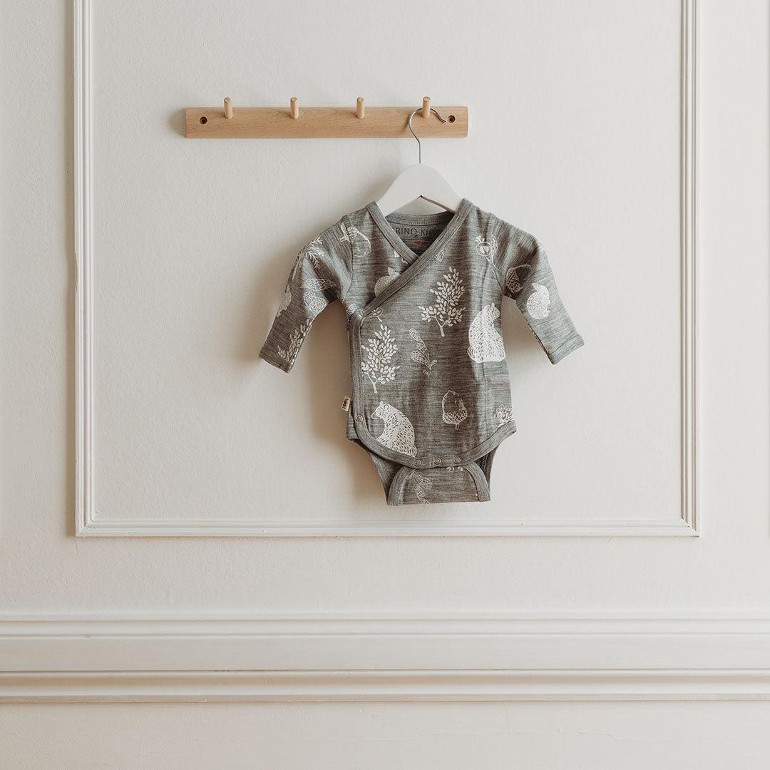 Merino Kids Cocooi Long Sleeve Kimono Bodysuit - Bear Print - Light Grey-Bodysuits-Light Grey-NB | Natural Baby Shower