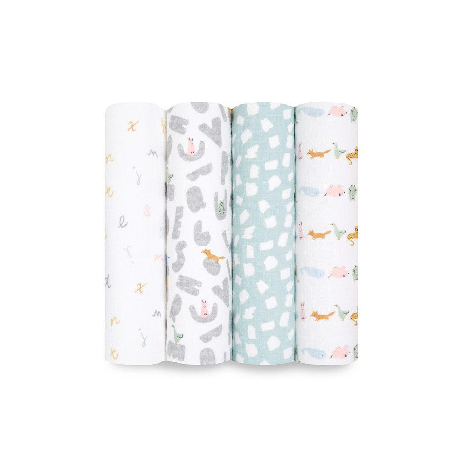 aden + anais Essentials Cotton Muslin Swaddle Blankets - Alphabet Animals - 4 Pack-Muslin Wraps- | Natural Baby Shower