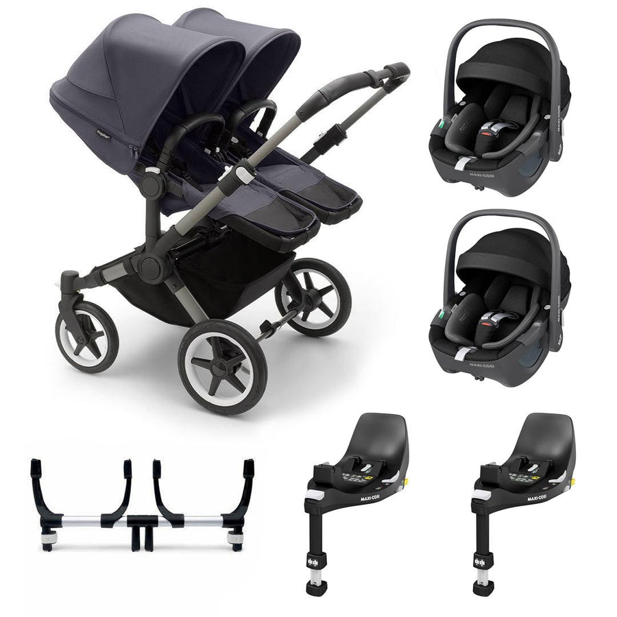 Bugaboo Donkey 5 Twin Pebble 360/360 Pro Travel System - Stormy Blue-Travel Systems-Pebble 360 i-Size Car Seat-2x FamilyFix 360 Bases | Natural Baby Shower