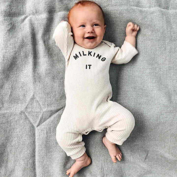 Claude & Co "Milking It" Organic Ribbed Sleepsuit - Oat-Sleepsuits-Oat-Newborn | Natural Baby Shower