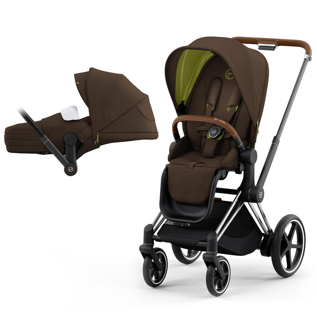 CYBEX e-Priam Pushchair - Khaki Green (2022)-Strollers-Chrome + Brown-Lite Carrycot | Natural Baby Shower