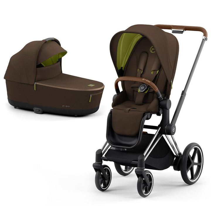 CYBEX e-Priam Pushchair - Khaki Green (2022)-Strollers-Chrome + Brown-Lux Carrycot | Natural Baby Shower