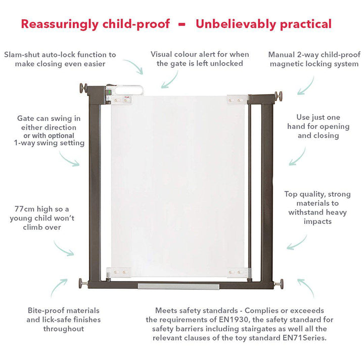 Fred Pressure Fit Stairgate - Clear Acrylic Panel/Dark Grey Fittings-Home Safety- | Natural Baby Shower