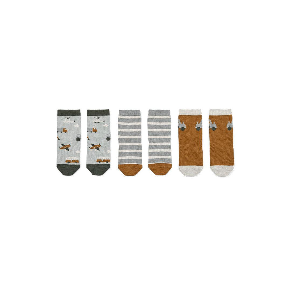 Liewood Silas Cotton Socks - 3 Pack - Dove Blue - Vehicles-Socks-Dove Blue-0-6m | Natural Baby Shower