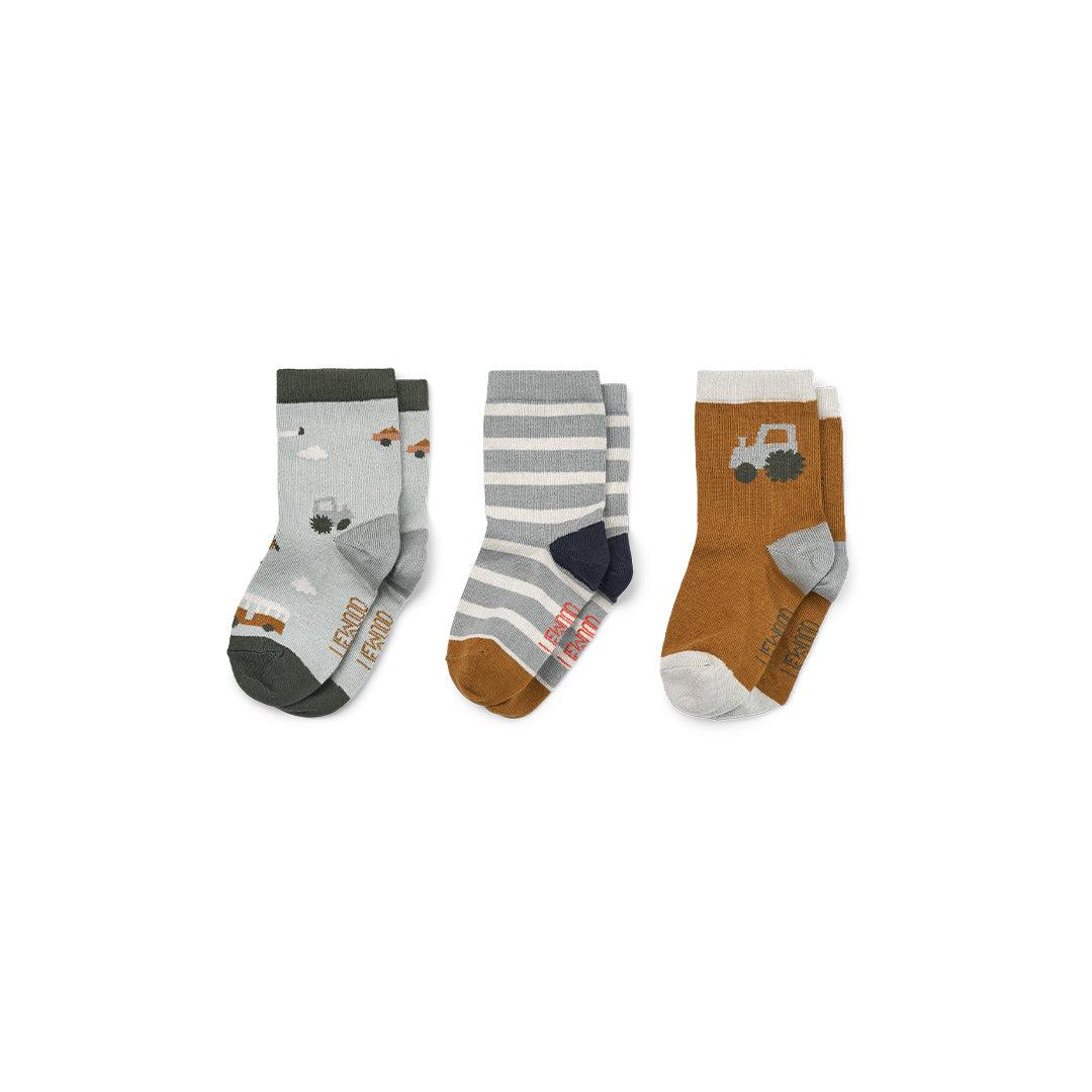 Liewood Silas Cotton Socks - 3 Pack - Dove Blue - Vehicles-Socks-Dove Blue-0-6m | Natural Baby Shower