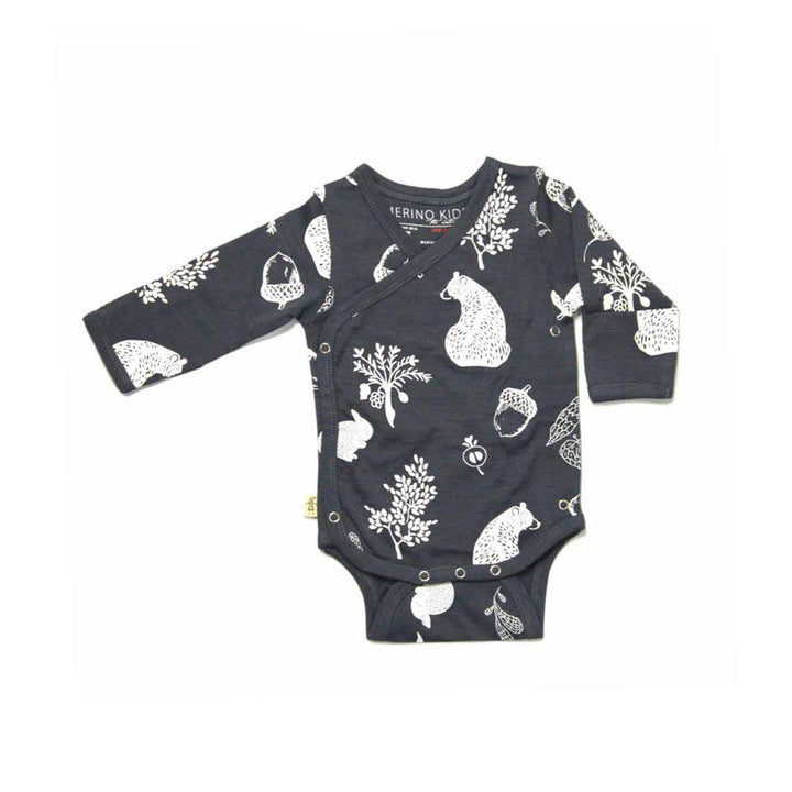 Merino Kids Cocooi Long Sleeve Kimono Bodysuit - Bear Print - Dark Slate-Bodysuits-Dark Slate-NB | Natural Baby Shower