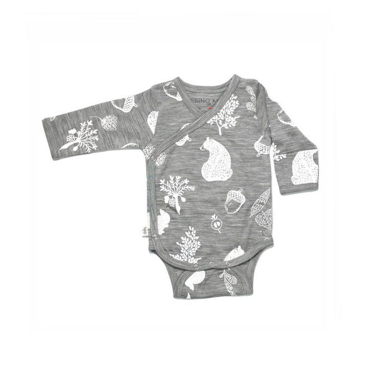 Merino Kids Cocooi Long Sleeve Kimono Bodysuit - Bear Print - Light Grey-Bodysuits-Light Grey-NB | Natural Baby Shower