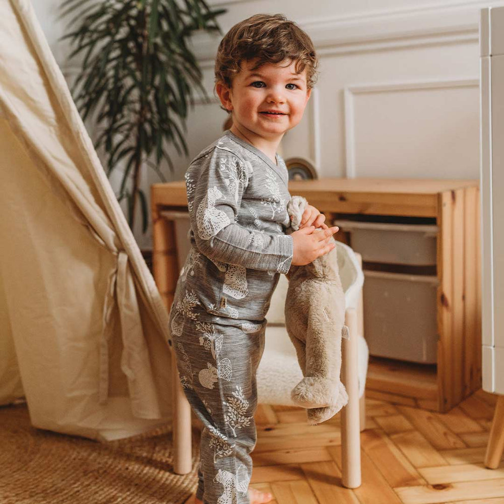 Merino Kids Essential Pyjamas - Bear Print - Light Grey-Pyjamas-Light Grey-6-12m | Natural Baby Shower