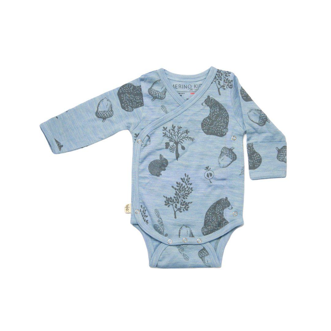 Merino Kids Cocooi Long Sleeve Kimono Bodysuit - Bear Print - Sky Blue-Bodysuits-Sky Blue-NB | Natural Baby Shower