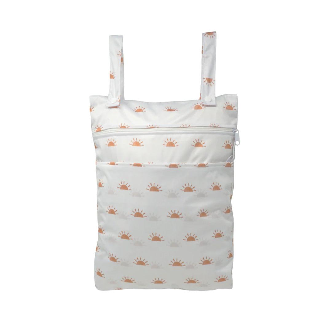 Modern Cloth Nappies Out + About Double Pocket Wet Bag - Sunnies - White with Camel-Nappy Laundry + Storage- | Natural Baby Shower