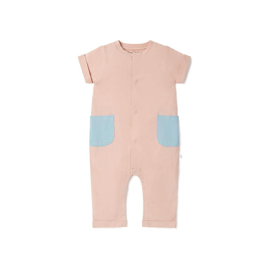 MORI Colourblock Short Sleeve Jumpsuit - Blush + Blue-Rompers-Blush + Blue-0-3m | Natural Baby Shower