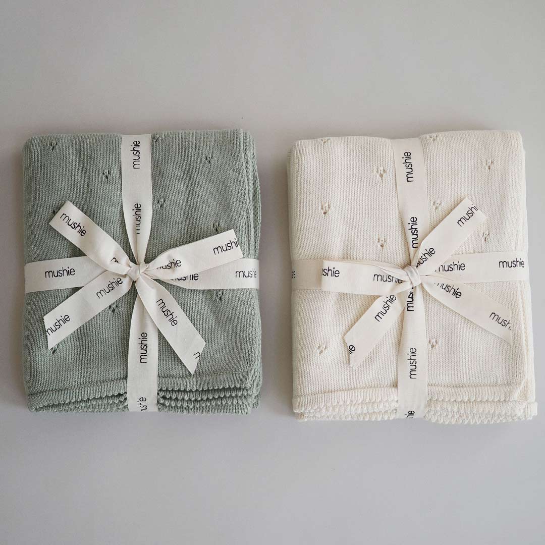 Mushie Knitted Baby Blanket - Pointelle/Sage Melange-Blankets- | Natural Baby Shower