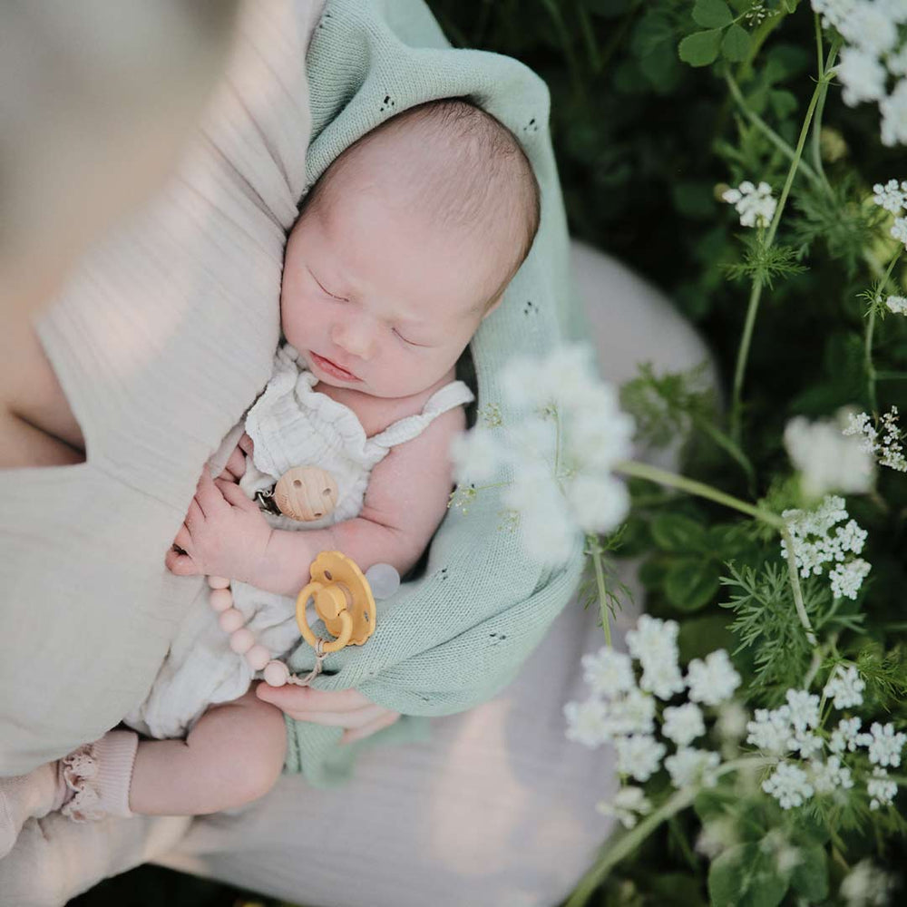 Mushie Knitted Baby Blanket - Pointelle/Sage Melange-Blankets- | Natural Baby Shower