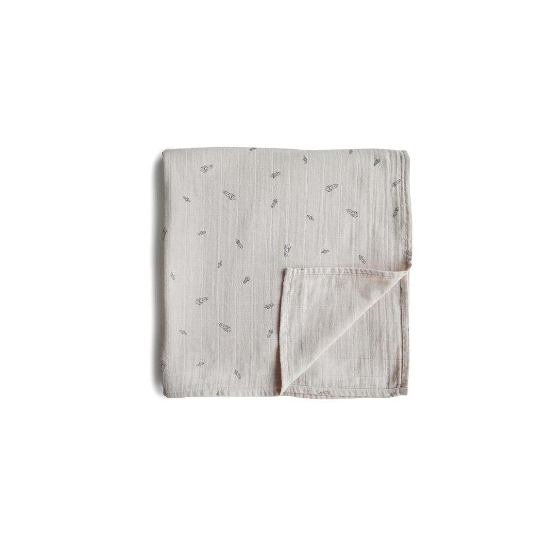 Mushie Organic Muslin Swaddle - Rocket Ship-Swaddling Wraps- | Natural Baby Shower