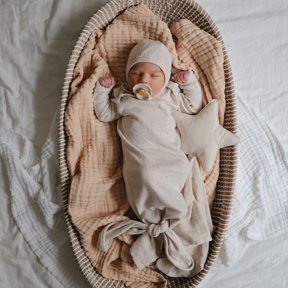 Mushie Ribbed Knotted Baby Gown - Beige Melange-Sleep Gowns-Beige Melange-0-3m | Natural Baby Shower