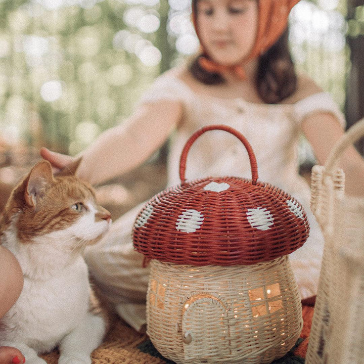 Olli Ella Rattan Mushroom Basket - Red-Play Bags + Purses- | Natural Baby Shower