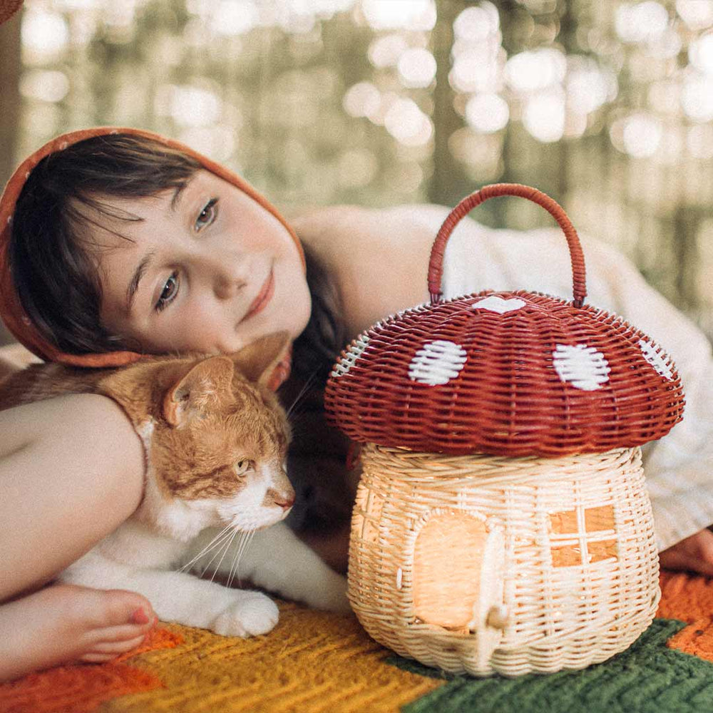 Olli Ella Rattan Mushroom Basket - Red-Play Bags + Purses- | Natural Baby Shower