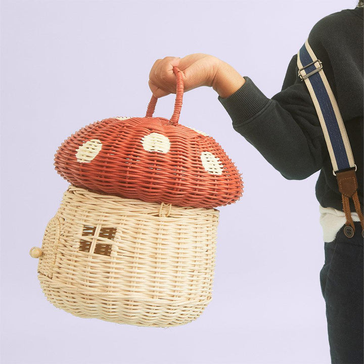 Olli Ella Rattan Mushroom Basket - Red-Play Bags + Purses- | Natural Baby Shower