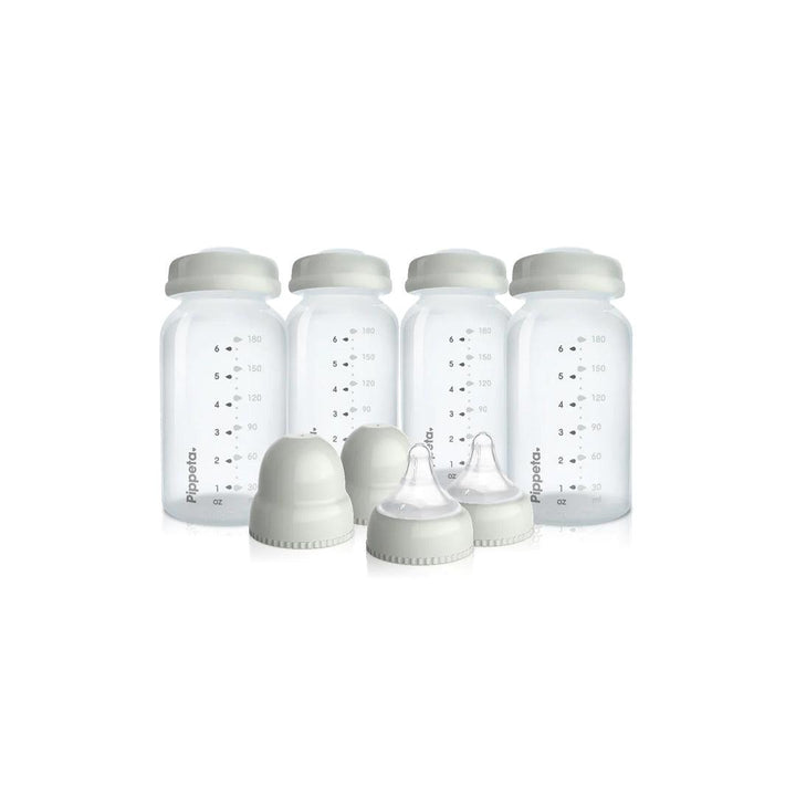Pippeta Milk Storage Bottles - Teats + Lids - 4 Pack - Sea Salt-Baby Bottles-Sea Salt- | Natural Baby Shower