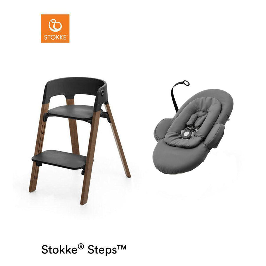 Stokke Steps Chair + Bouncer Bundle - Black/Golden Brown-Highchairs-Black/Golden Brown-Herringbone Grey Bouncer | Natural Baby Shower