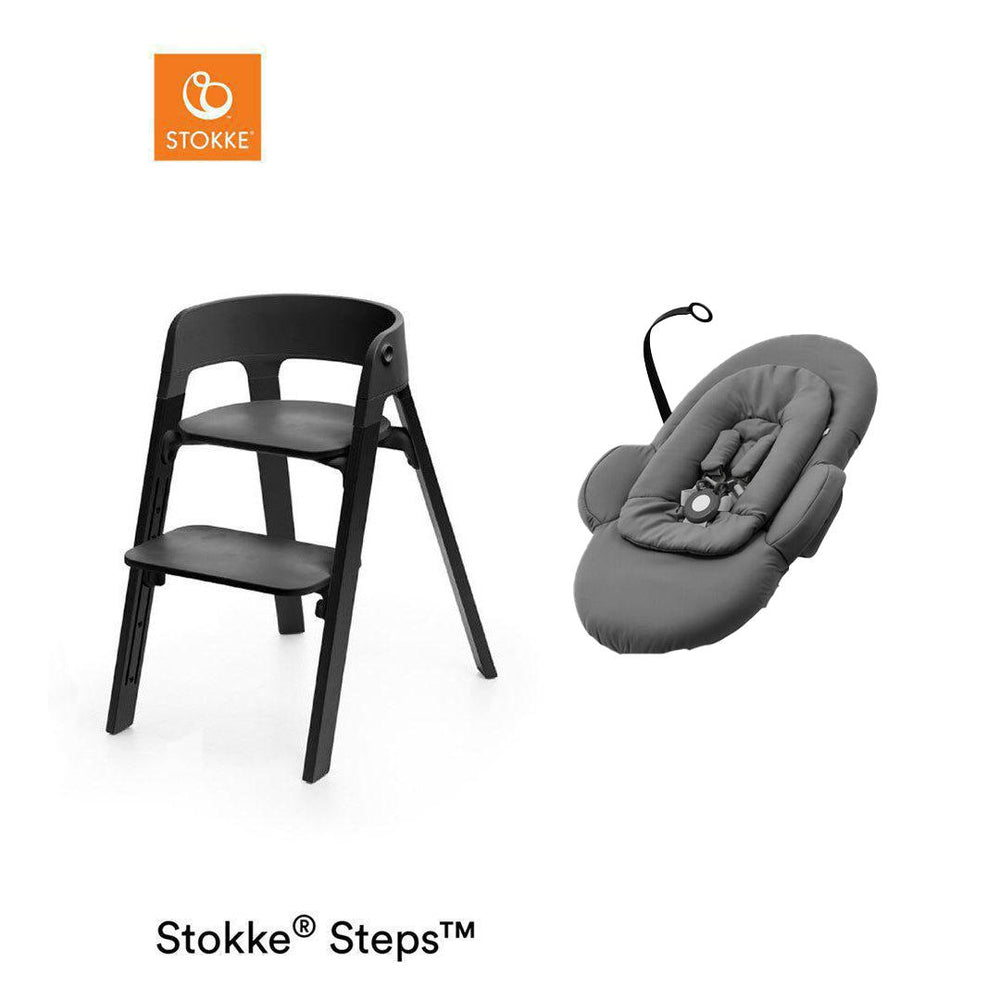 Stokke Steps Chair + Bouncer Bundle - Black-Highchairs-Black Seat-Herringbone Grey Bouncer | Natural Baby Shower