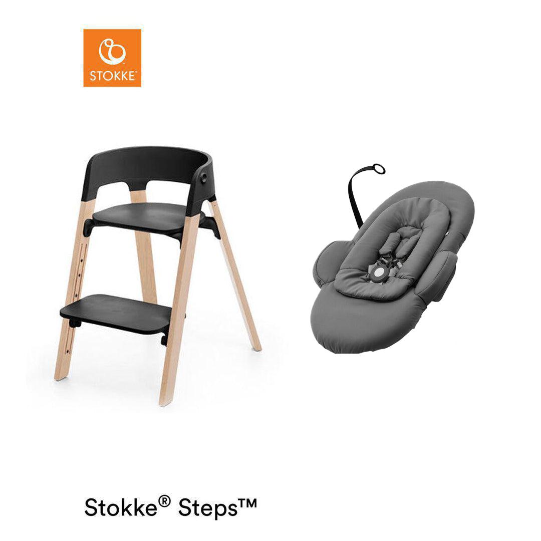 Stokke Steps Chair + Bouncer Bundle - Black/Natural-Highchairs-Black/Natural-Herringbone Grey Bouncer | Natural Baby Shower