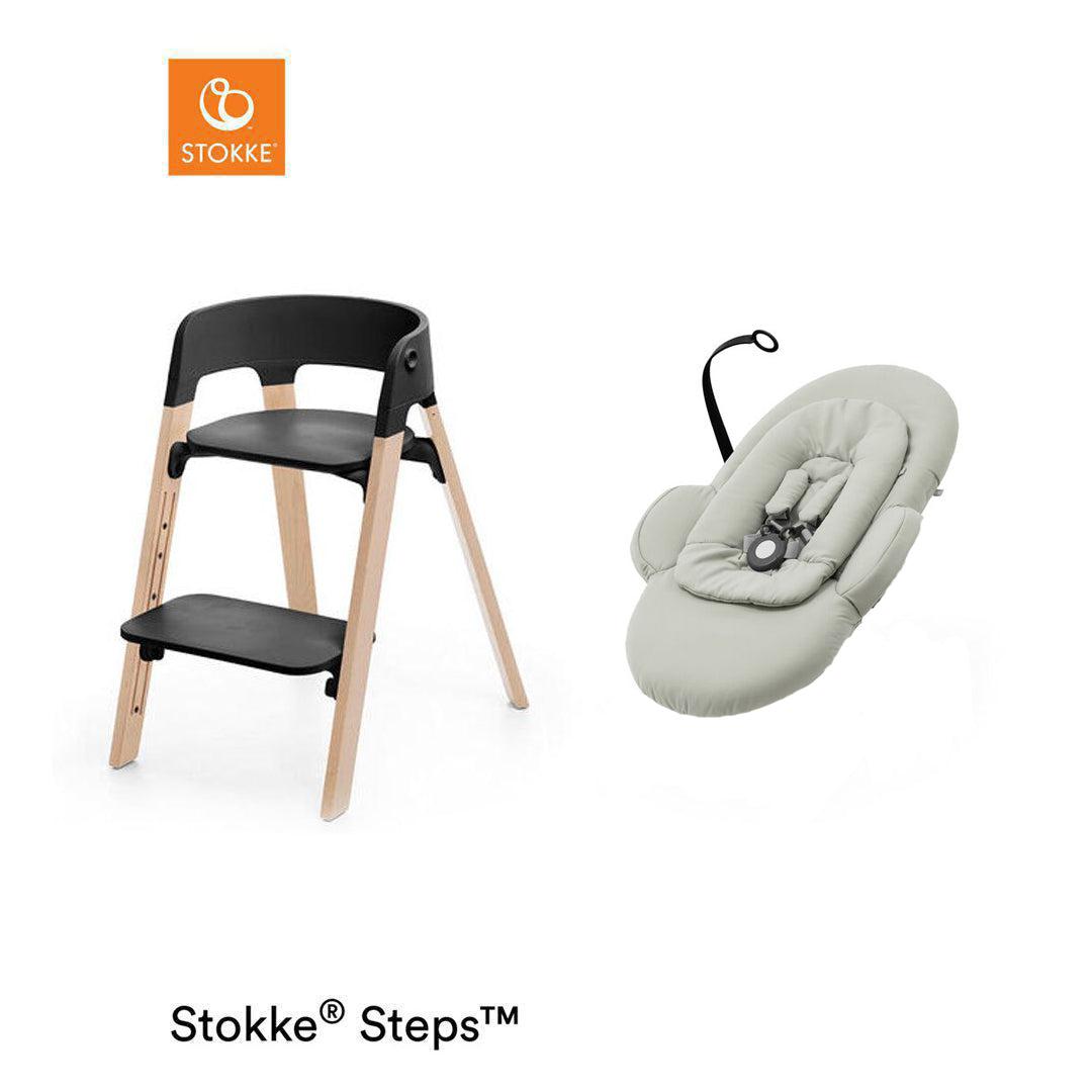 Stokke Steps Chair + Bouncer Bundle - Black/Natural-Highchairs-Black/Natural-Soft Sage Bouncer | Natural Baby Shower