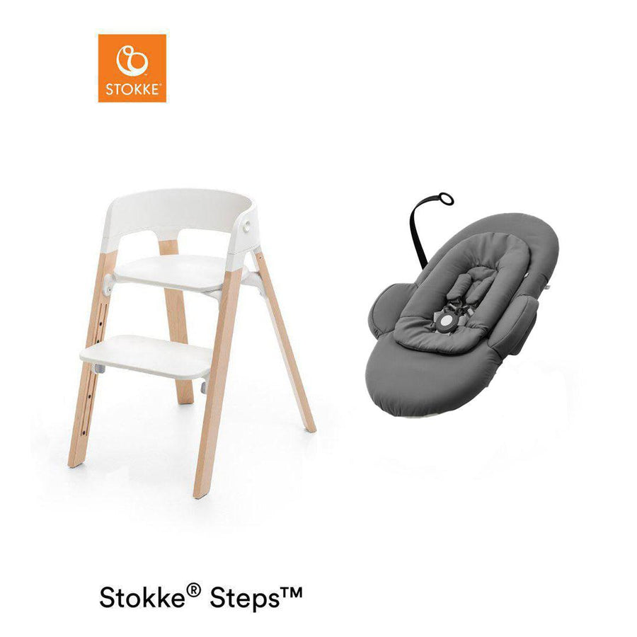 Stokke Steps Chair + Bouncer Bundle - White + Natural-Highchairs-White + Natural-Herringbone Grey Bouncer | Natural Baby Shower
