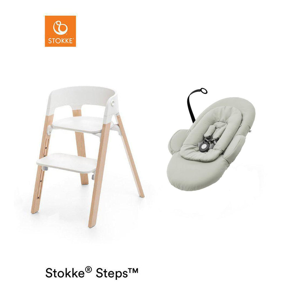 Stokke Steps Chair + Bouncer Bundle - White + Natural-Highchairs-White + Natural-Soft Sage Bouncer | Natural Baby Shower