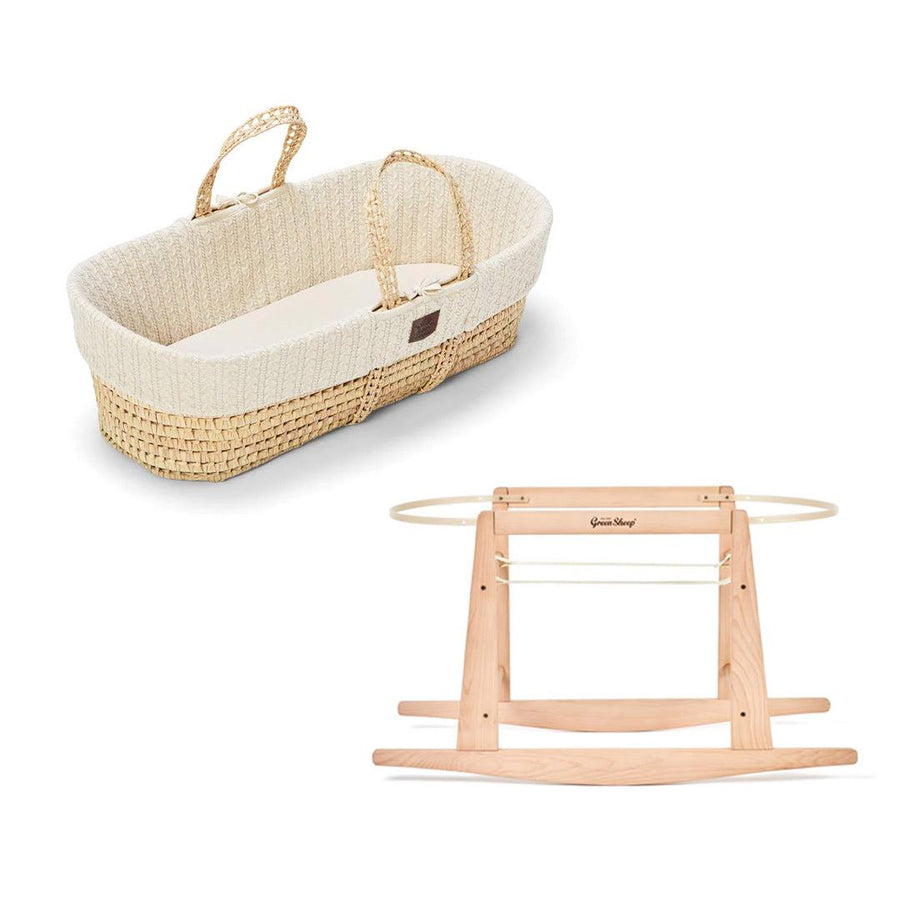 The Little Green Sheep Organic Knitted Moses Basket + Rocking Stand - Linen-Moses Baskets- | Natural Baby Shower