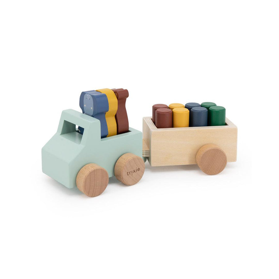 Trixie Wooden Animal Car With Trailer-Stacking Toys- | Natural Baby Shower