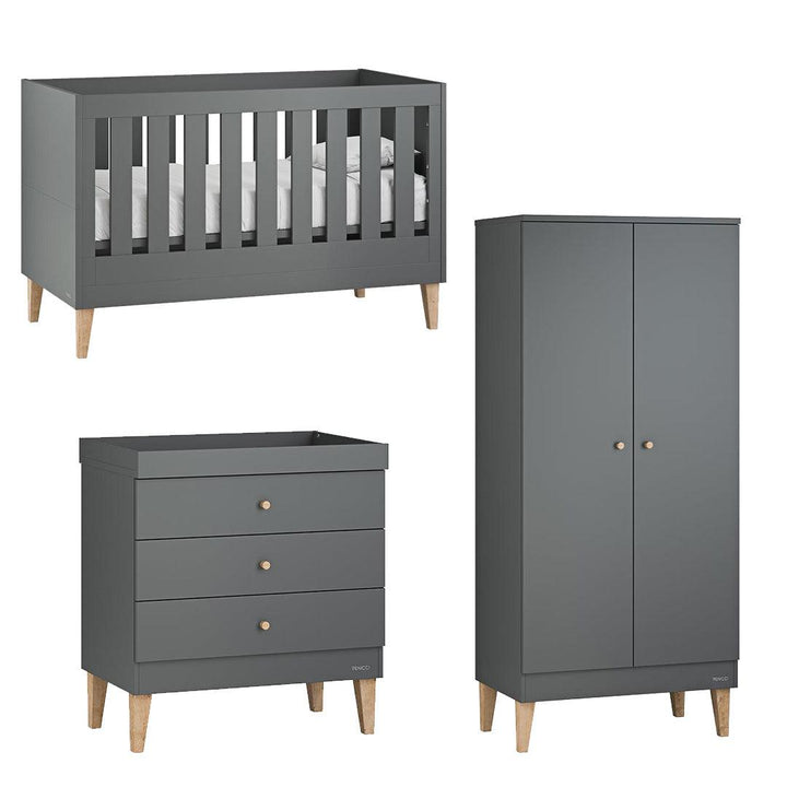 Venicci Saluzzo Cot Bed + Chest + Wardrobe - Graphite-Nursery Sets-No Mattress- | Natural Baby Shower